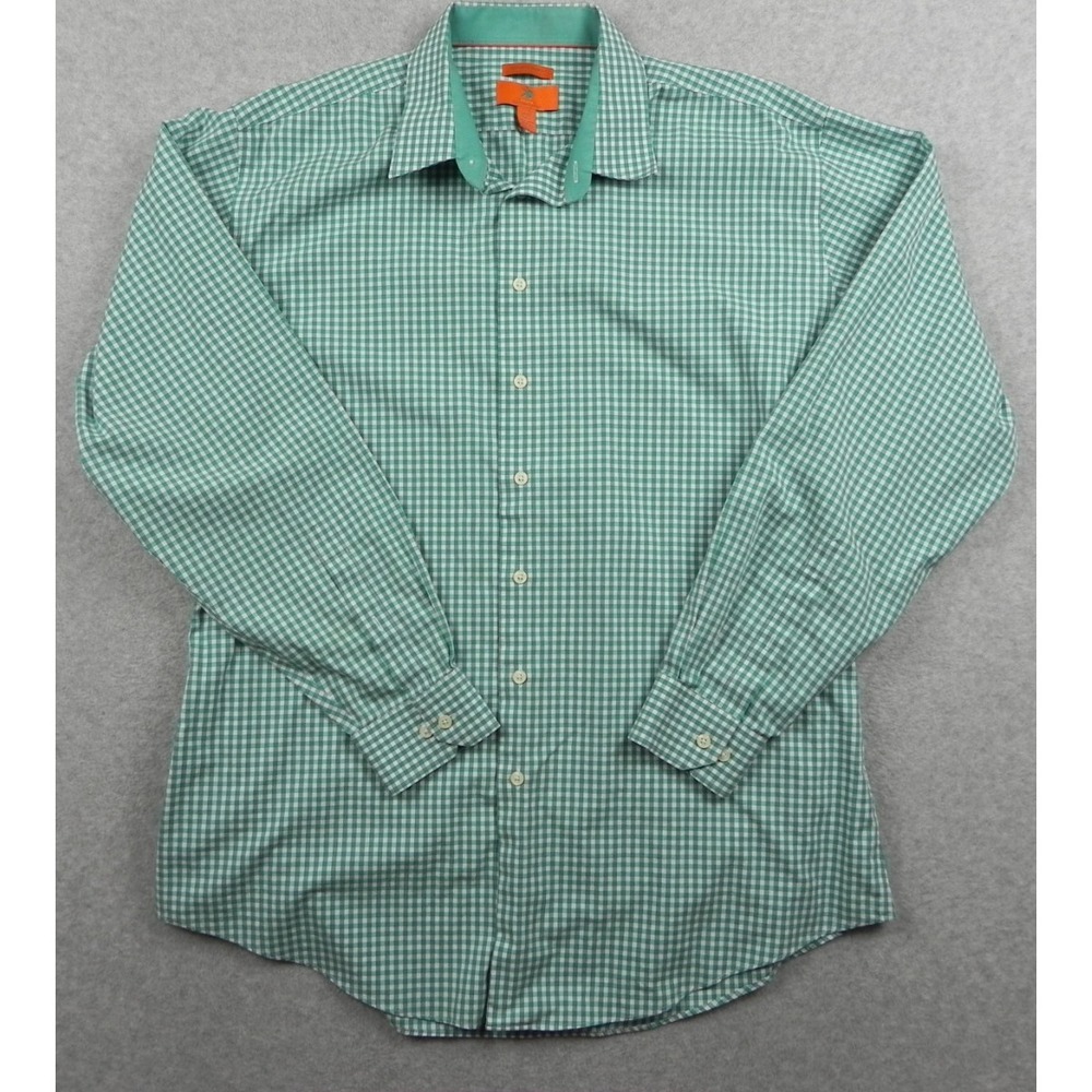 Egara Shirt Mens 17.5 36/37 Tall Slim Fit Button Up Green Gingham Long Sleeve